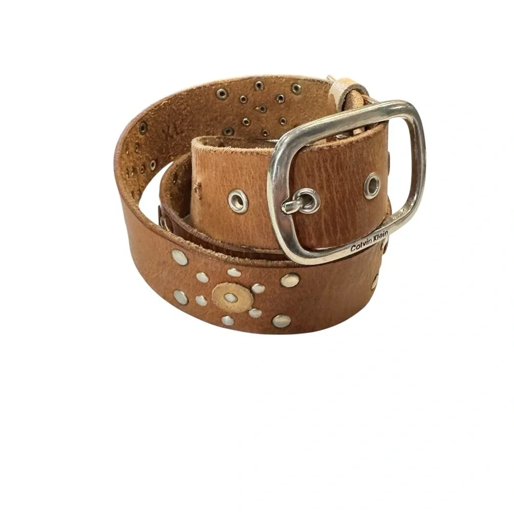 Calvin Klein Studded Leather Belt | Brown Western Boho | Silver Buckle XL